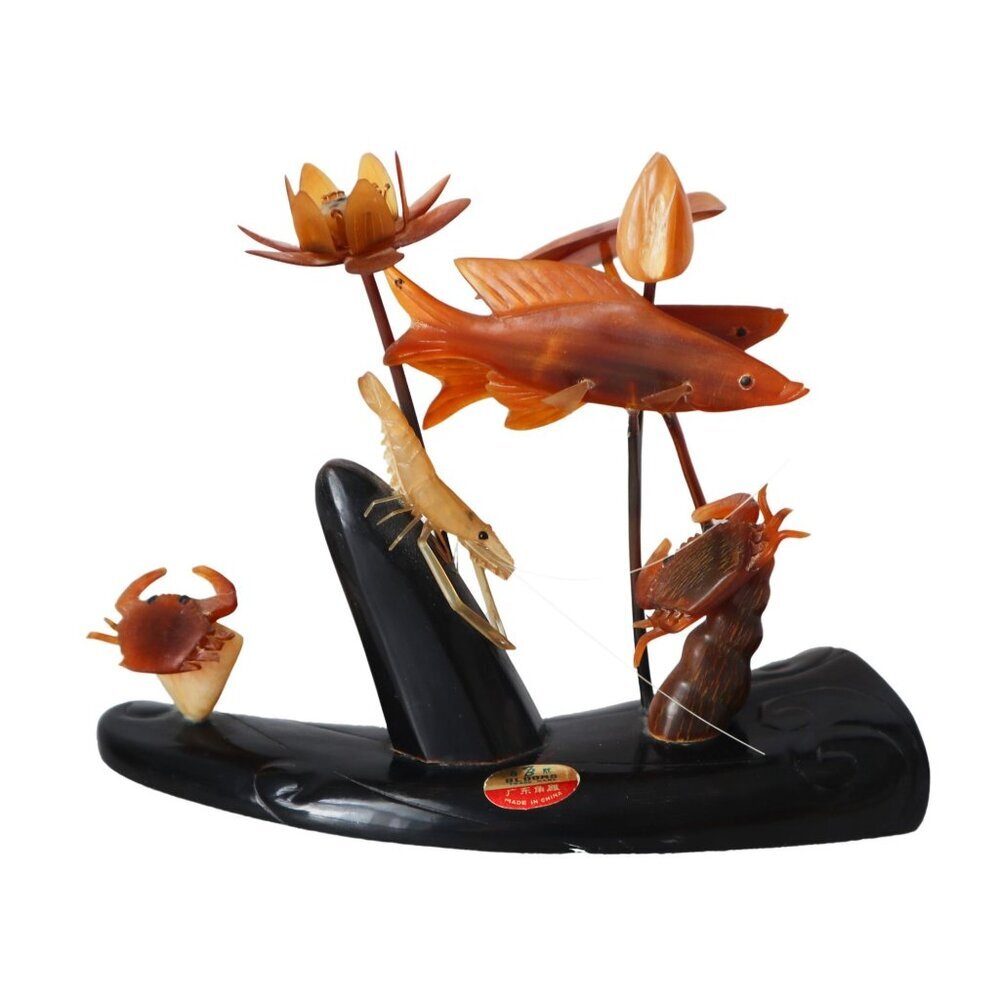 Vintage Handcrafted Chinese Baishi Carved Horn Shrimp Crab Lotus Fish Sculpture